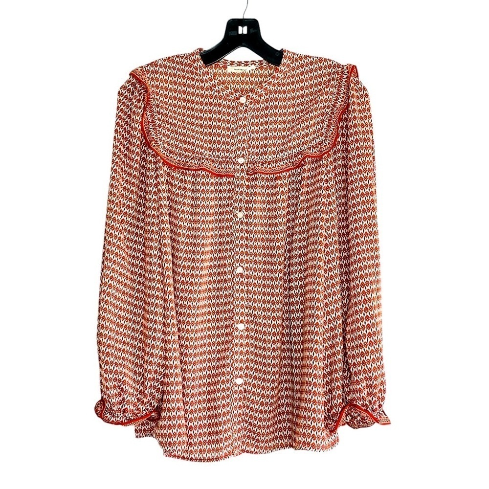 Max Studio Rust Geometric Button Up Peasant Blouse Size L Ruffled Career Boho